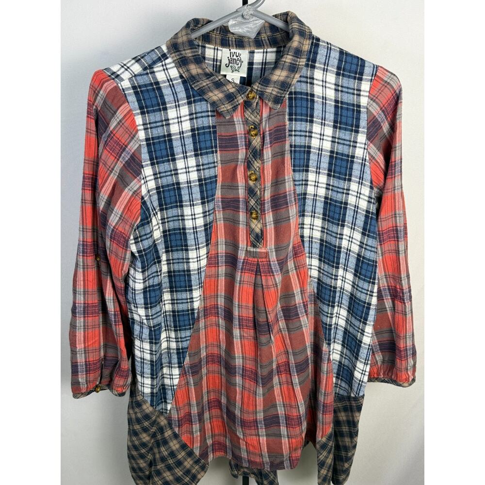 Patchwork Plaid Button Top Flannel Western Boho Shirt Coastal Cowgirl small - Picture 2 of 8